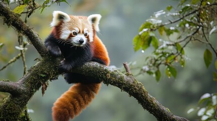 A Red Panda clinging to a tree branch 