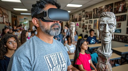 Obraz premium Educators explore virtual reality technology in a classroom setting with students engaged in learning