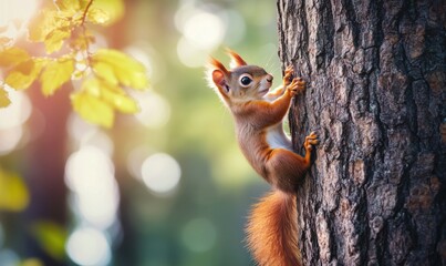 Squirrel climbing tree in forest with soft sunlight and blurred background