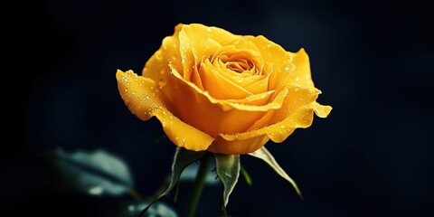 Beautiful yellow rose with dew drops on petals against dark background