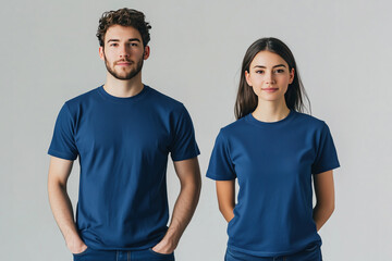 A young couple wearing a blue matching t-shirt mockup used as a design template
