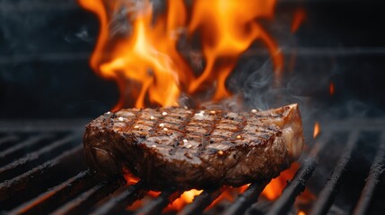 A dramatic shot of a sizzling steak being flipped on a hot grill, with flames and smoke adding excitement to the cooking process, capturing the essence of grilling.