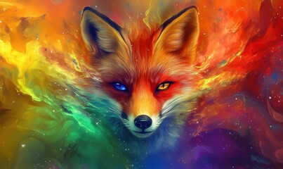 Obraz premium Colorful cosmic fox illustration with vibrant swirling galaxy background