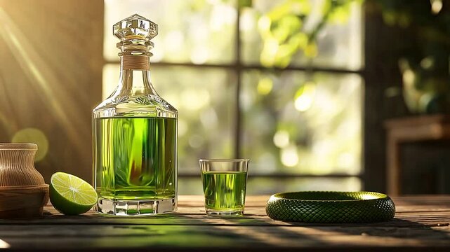 Ornate absinthe bottle with glass and lime on wooden table
