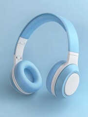 pair of light blue and white wireless over-ear headphones with ear cups, in the isometric view of the front side of the product