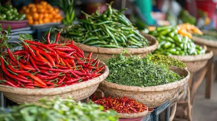 Fototapeta premium A farmer's market stall displaying an array of fresh herbs and chili peppers, capturing the essence of local produce and the foundation of flavorful Thai dishes.