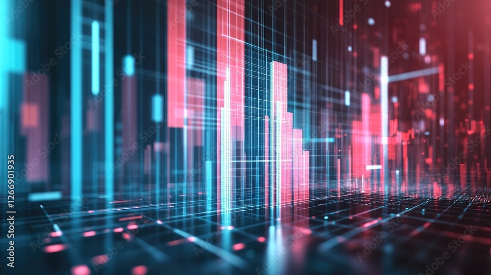 Poster a futuristic d bar graph with transparent bars of varying heights, hovering over a digital grid, rep