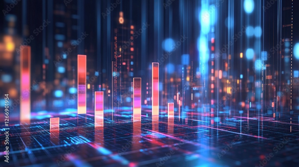 Poster a futuristic d bar graph with transparent bars of varying heights, hovering over a digital grid, rep