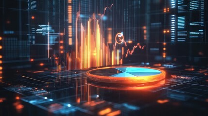 A futuristic D pie chart with floating segments, representing the global financial market share, with animated financial symbols and graphs in the background.