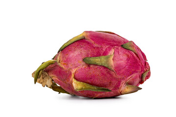 Vibrant whole red pitaya with unique skin texture and green leaves, isolated on white background.