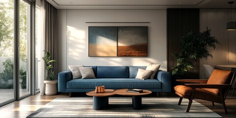 A modern living room with a blue couch and wooden coffee table.