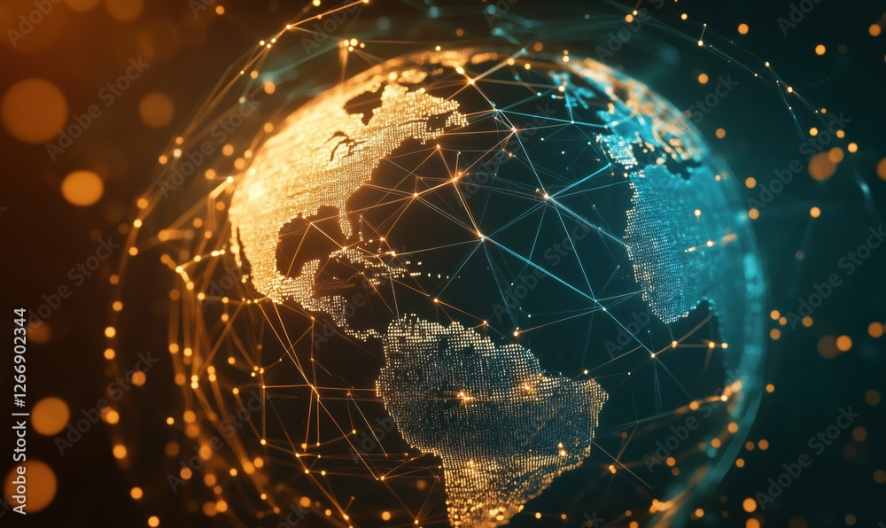 Poster digital globe with interconnected nodes representing global connectivity and technology