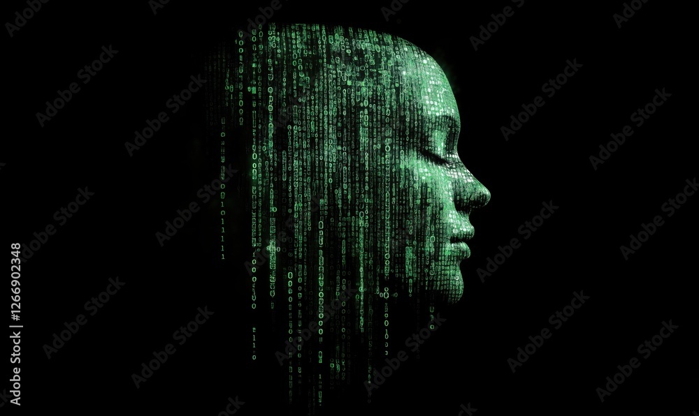 Poster Digital face silhouette composed of binary code representing artificial intelligence
