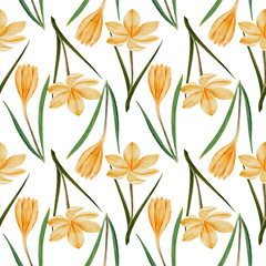 Cotton fabric seamless pattern with crocus flower in yellow color, drawn in watercolor, isolated on white. Hand drawn botanical illustration. Elements for cards, logos, prints, wedding design