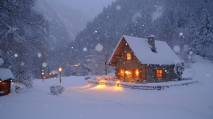 Cozy mountain cabin aglow in the stillness of a heavy snowfall evening