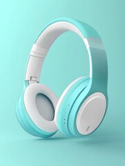 pair of light blue and white wireless over-ear headphones with ear cups, in the isometric view of the front side of the product