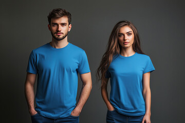 Fototapeta premium A young couple wearing a blue matching t-shirt mockup used as a design template