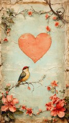 Colorful bird perched on branch surrounded by flowers and heart illustration. Generative AI