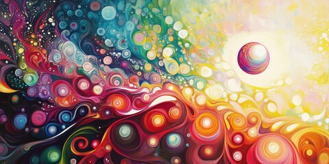 Obraz premium Colorful abstract cosmic landscape with swirling patterns and luminous orb