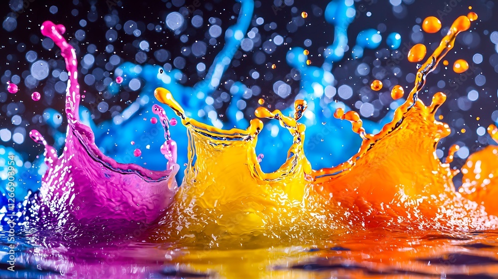 Aufkleber Vibrant paint splashes, dynamic action, dark bokeh background, design element