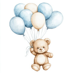 A watercolour style illustration of a teddy bear holding many balloons, it is floating. The teddy bear is light brown colour and the balloons are light blue and white colours.