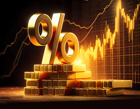 Glowing gold bars stacked high, symbolizing a surge in gold prices, with upward-trending financial charts and arrows in the background. A digital stock market screen displays rising numbers, enhanced 