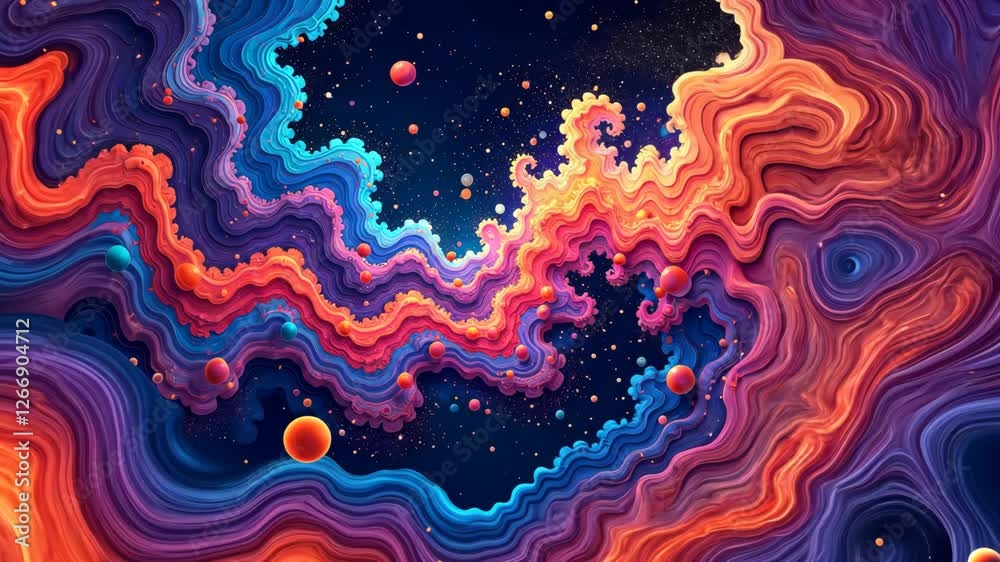 Poster a colorful painting of a galaxy with many different colored balls. the balls are scattered throughou