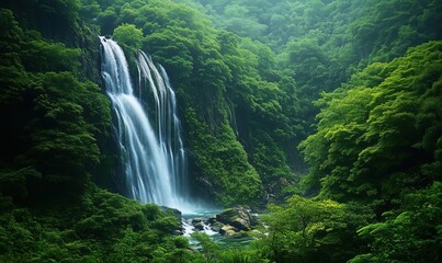 Majestic waterfall cascading through lush green forest landscape