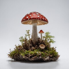"A tiny mushroom with a miniature world inside its cap, highly detailed, on a pure white background."