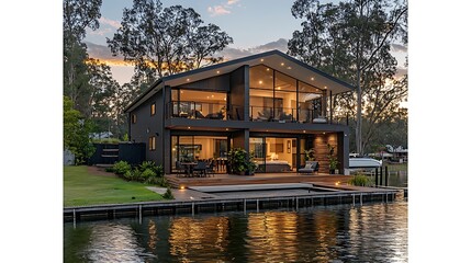 Obraz premium Modern waterfront house twilight river sunset luxury real estate