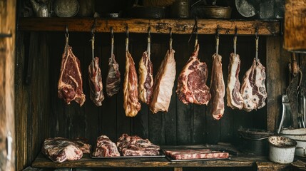 A rustic butcher shop showcasing various cuts of meat hanging from hooks, highlighting the craftsmanship and tradition behind butchery and meat preparation.
