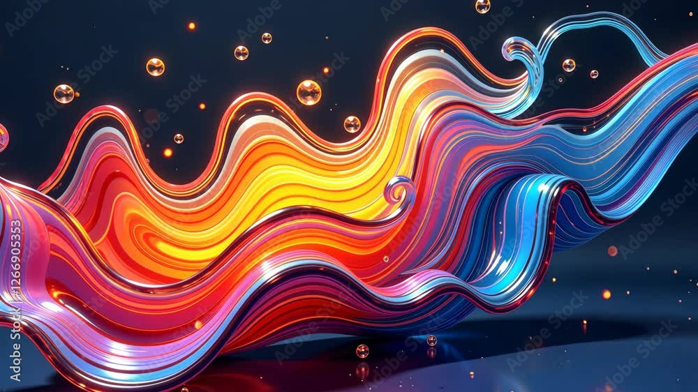 Poster A colorful wave with bubbles in the background. The bubbles are in different colors and sizes. The wave is made of different colors and is very long