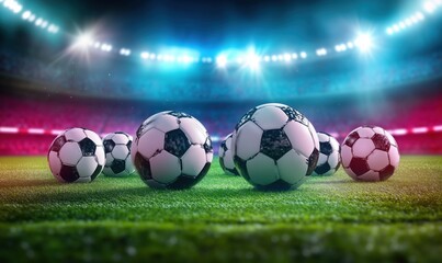 Fototapeta premium Soccer balls on field with stadium lights creating vibrant atmosphere