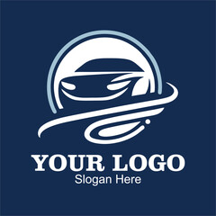 Modern Logo. White car inside a circle on a blue background.