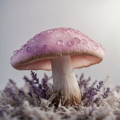 "A soft pink and lavender mushroom with dreamy lighting, on a pure white background."