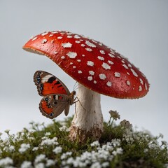 "A charming red mushroom with a butterfly resting on top, beautifully detailed, on a white backdrop."