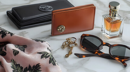 Opulent Fashion Display: Essentials of Elegance on White Marble