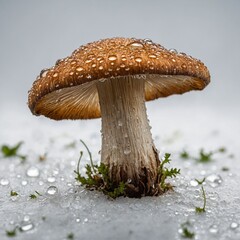 "A wild forest mushroom with delicate dewdrops on it, isolated on a clean white backdrop."