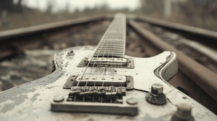 Aged electric guitar on train tracks