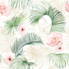 Seamless pattern with green watercolor tropical leaves and pink flowers, wedding isolated illustration