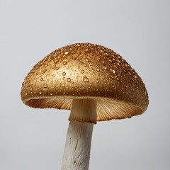 "A golden mushroom with a shimmering surface, hyper-realistic, on a plain white background."