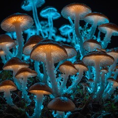 "A cluster of glowing bioluminescent mushrooms, detailed and realistic, against a pure white background."
