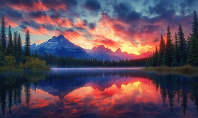 Stunning sunset reflection over tranquil lake surrounded by majestic mountains