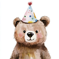 watercolor Bear clipart, Bear wearing party hat, white background, paiting, intense colors, minimalist style, pastel colors,