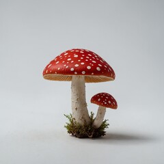 "A single vibrant red mushroom with white spots, standing alone on a pure white background."
