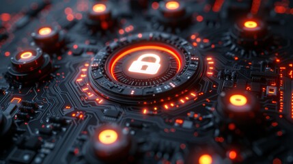 Intricate digital circuit board featuring a glowing lock symbol, representing cybersecurity technology