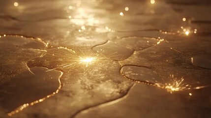 Glimmering golden surface with sparkling reflections and intricate patterns in soft light
