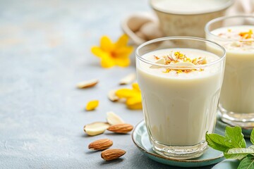 Delicious creamy drink topped with almonds, perfect for refreshing moments.