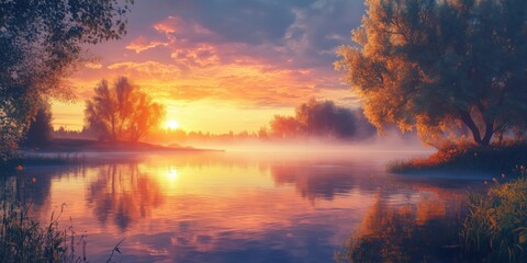 Fototapeta premium Serene sunrise over tranquil lake with vibrant colors and misty reflections