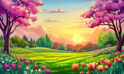 Vibrant spring landscape with blooming flowers and colorful sunset